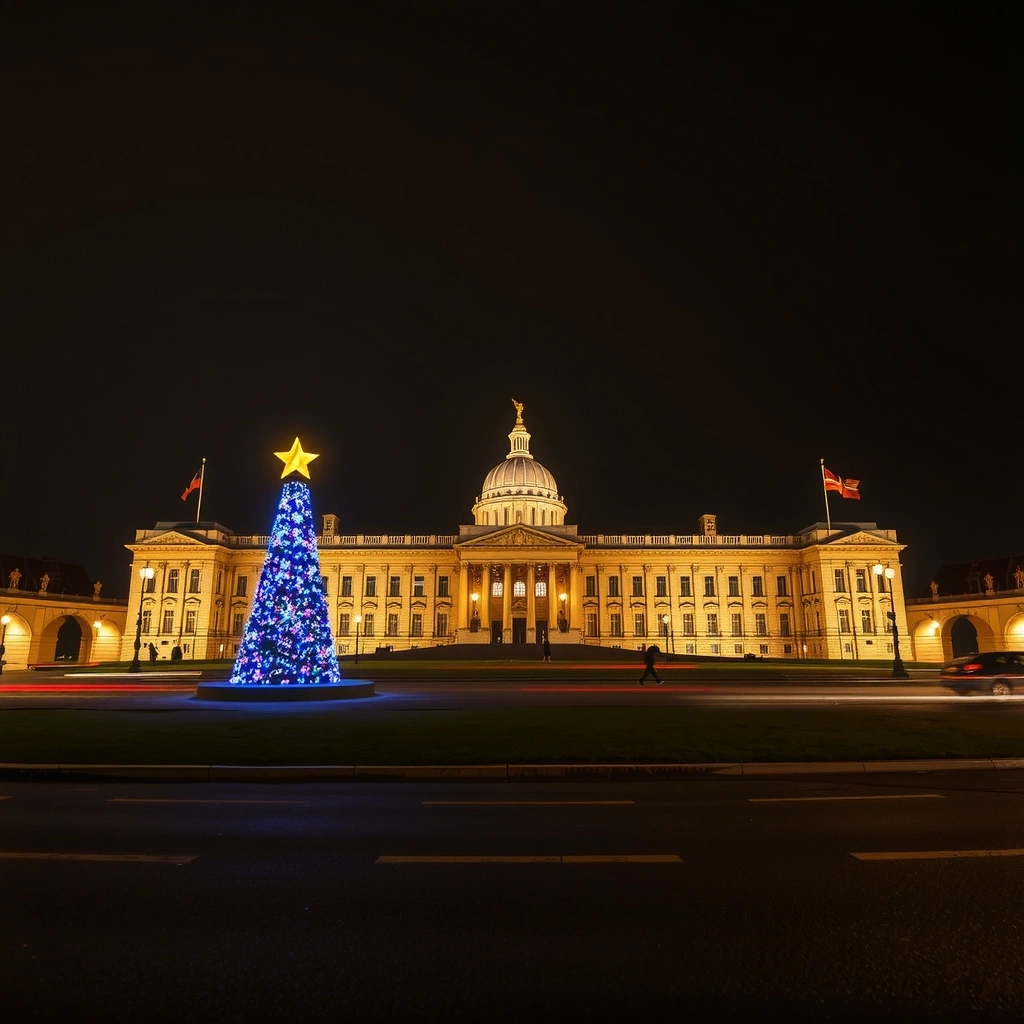 Christmas lights at Buckingham Palace silhouette